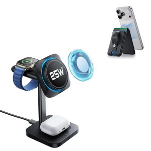 25W CryoBoost 3-in-1 Magnetic Charger (Qi2) and Wallet Stand Bundle - US Plug?CBlack