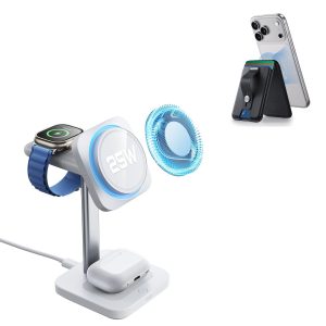 25W CryoBoost 3-in-1 Magnetic Charger (Qi2) and Wallet Stand Bundle - US Plug?CWhite
