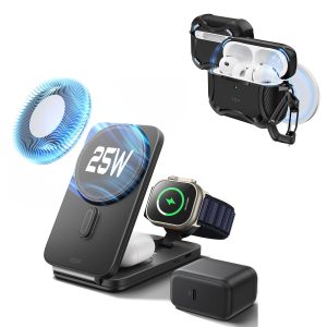 25W CryoBoost Foldable 3-in-1 Magnetic Charger & AirPods Pro 3 Cyber Tough Case Bundle ?C US Plug-Black