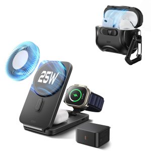 25W CryoBoost Foldable 3-in-1 Magnetic Charger and AirPods Pro 3 Cyber FlickLock Case Bundle?C EU Plug-Black