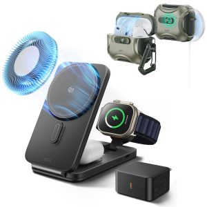 25W CryoBoost Foldable 3-in-1 Magnetic Charger and AirPods Pro 3 Cyber FlickLock Case Bundle?C EU Plug-Black&Army Green