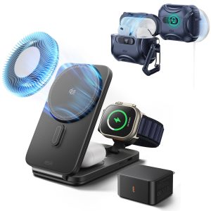 25W CryoBoost Foldable 3-in-1 Magnetic Charger and AirPods Pro 3 Cyber FlickLock Case Bundle?C EU Plug-Black&Blue