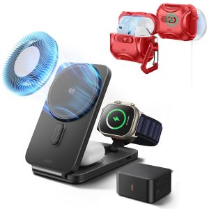 25W CryoBoost Foldable 3-in-1 Magnetic Charger and AirPods Pro 3 Cyber FlickLock Case Bundle?C EU Plug-Black&Dard Red