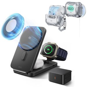 25W CryoBoost Foldable 3-in-1 Magnetic Charger and AirPods Pro 3 Cyber FlickLock Case Bundle?C EU Plug-Black&Gray