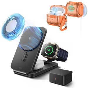 25W CryoBoost Foldable 3-in-1 Magnetic Charger and AirPods Pro 3 Cyber FlickLock Case Bundle?C EU Plug-Black&Orange