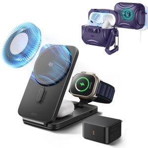 25W CryoBoost Foldable 3-in-1 Magnetic Charger and AirPods Pro 3 Cyber FlickLock Case Bundle?C EU Plug-Black&Purple