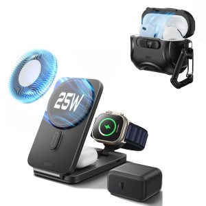 25W CryoBoost Foldable 3-in-1 Magnetic Charger and AirPods Pro 3 Cyber FlickLock Case Bundle?C US Plug-Black