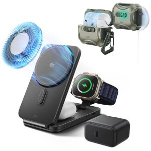25W CryoBoost Foldable 3-in-1 Magnetic Charger and AirPods Pro 3 Cyber FlickLock Case Bundle?C US Plug-Black&Army Green
