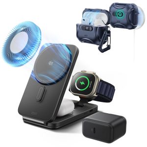 25W CryoBoost Foldable 3-in-1 Magnetic Charger and AirPods Pro 3 Cyber FlickLock Case Bundle?C US Plug-Black&Blue
