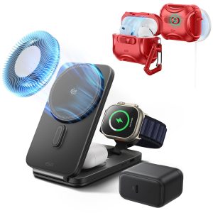 25W CryoBoost Foldable 3-in-1 Magnetic Charger and AirPods Pro 3 Cyber FlickLock Case Bundle?C US Plug-Black&Dard Red