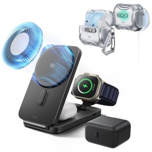25W CryoBoost Foldable 3-in-1 Magnetic Charger and AirPods Pro 3 Cyber FlickLock Case Bundle?C US Plug-Black&Gray