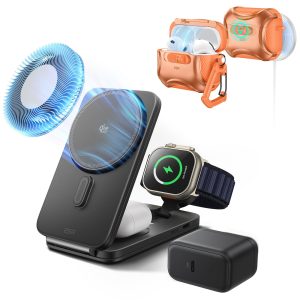 25W CryoBoost Foldable 3-in-1 Magnetic Charger and AirPods Pro 3 Cyber FlickLock Case Bundle?C US Plug-Black&Orange