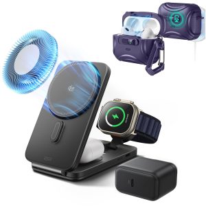 25W CryoBoost Foldable 3-in-1 Magnetic Charger and AirPods Pro 3 Cyber FlickLock Case Bundle?C US Plug-Black&Purple