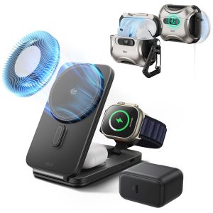 25W CryoBoost Foldable 3-in-1 Magnetic Charger and AirPods Pro 3 Cyber FlickLock Case Bundle?C US Plug-Black&Titanium