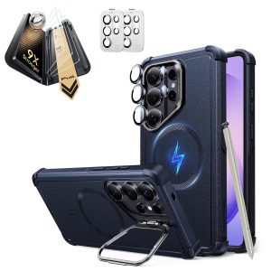 Galaxy S26 Ultra Bundle Cyber Tough Magnetic Case (Stash Stand) and Armorite  Pro Screen Protector - Navy Blue
