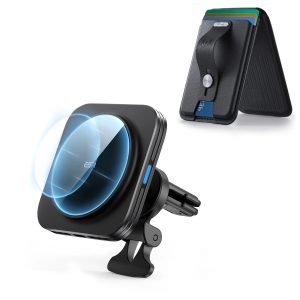 Magnetic Wireless Car Charger and Geo Wallet Stand Bundle-Black