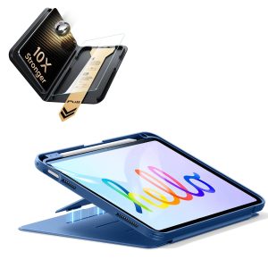 iPad 11 (A16) 2025 Bundle Flip Magnetic Case (Pencil Holder) & Armorite Pro Screen Protector With UltraFit Tray - Navy Blue
