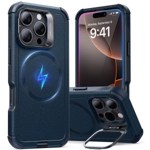 iPhone 16 Pro Cyber Tough Case with Stash Stand (HaloLock) - Dark Blue