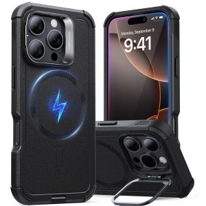 iPhone 16 Pro Cyber Tough Case with Stash Stand (HaloLock) - Black
