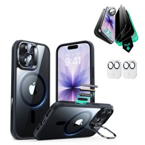 iPhone 17 Bundle Classic Hybrid Magnetic Case (Camera Control. Stash Stand) and Armorite Privacy Screen Protector - Clear Black