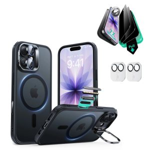 iPhone 17 Bundle Classic Hybrid Magnetic Case (Camera Control. Stash Stand) and Armorite Privacy Screen Protector - Frosted Black
