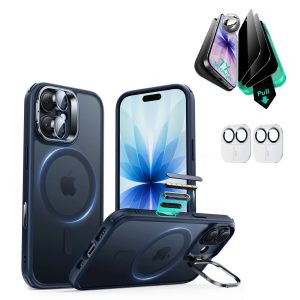 iPhone 17 Bundle Classic Hybrid Magnetic Case (Camera Control. Stash Stand) and Armorite Privacy Screen Protector - Frosted Blue