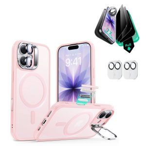 iPhone 17 Bundle Classic Hybrid Magnetic Case (Camera Control. Stash Stand) and Armorite Privacy Screen Protector - Frosted Bubblegum Pink