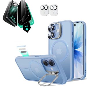 iPhone 17 Bundle Classic Hybrid Magnetic Case (Camera Control. Stash Stand) and Armorite Privacy Screen Protector - Frosted Light Blue