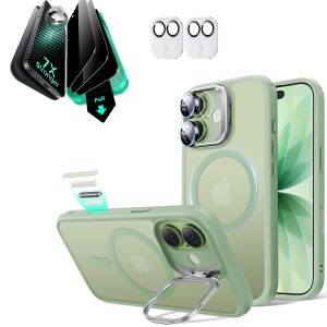 iPhone 17 Bundle Classic Hybrid Magnetic Case (Camera Control. Stash Stand) and Armorite Privacy Screen Protector - Frosted Light Green