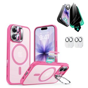 iPhone 17 Bundle Classic Hybrid Magnetic Case (Camera Control. Stash Stand) and Armorite Privacy Screen Protector - Frosted Pink