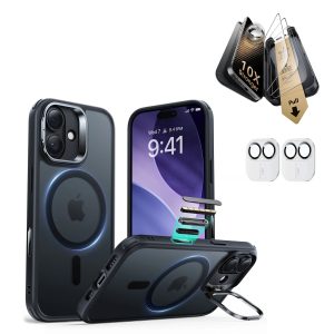 iPhone 17 Bundle Classic Hybrid Magnetic Case (Camera Control. Stash Stand) and Armorite Pro Screen Protector - Frosted Black