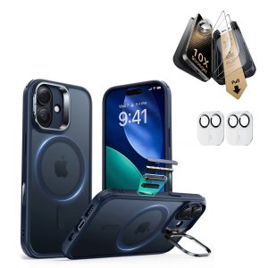 iPhone 17 Bundle Classic Hybrid Magnetic Case (Camera Control. Stash Stand) and Armorite Pro Screen Protector - Frosted Blue