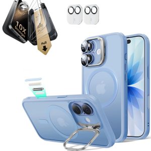 iPhone 17 Bundle Classic Hybrid Magnetic Case (Camera Control. Stash Stand) and Armorite Pro Screen Protector - Frosted Light Blue