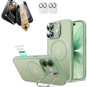 iPhone 17 Bundle Classic Hybrid Magnetic Case (Camera Control. Stash Stand) and Armorite Pro Screen Protector - Frosted Light Green