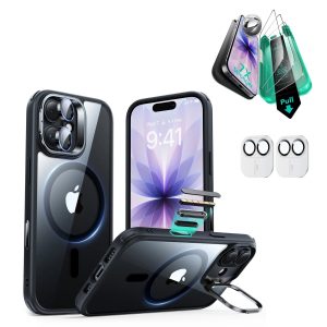 iPhone 17 Bundle Classic Hybrid Magnetic Case (Camera Control. Stash Stand) and Armorite Screen Protector - Clear Black