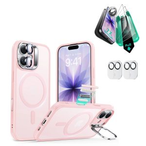 iPhone 17 Bundle Classic Hybrid Magnetic Case (Camera Control. Stash Stand) and Armorite Screen Protector - Frosted Bubblegum Pink