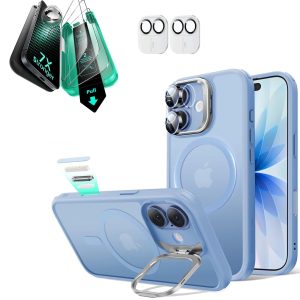 iPhone 17 Bundle Classic Hybrid Magnetic Case (Camera Control. Stash Stand) and Armorite Screen Protector - Frosted Light Blue