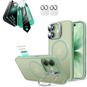 iPhone 17 Bundle Classic Hybrid Magnetic Case (Camera Control. Stash Stand) and Armorite Screen Protector - Frosted Light Green