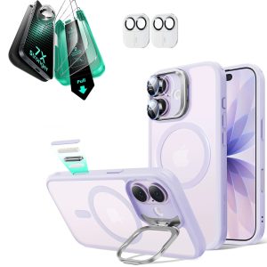 iPhone 17 Bundle Classic Hybrid Magnetic Case (Camera Control. Stash Stand) and Armorite Screen Protector - Frosted Light Purple