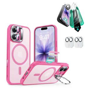 iPhone 17 Bundle Classic Hybrid Magnetic Case (Camera Control. Stash Stand) and Armorite Screen Protector - Frosted Pink