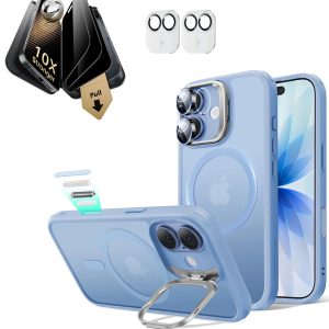 iPhone 17 Bundle Classic Hybrid Magnetic Case (Stash Stand) and Armorite Pro Privacy Screen Protector - Frosted Light Blue