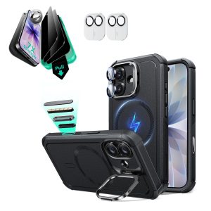 iPhone 17 Bundle Cyber Tough Magnetic Case (Camera Control. Stash Stand) and Armorite Privacy Screen Protector - Black