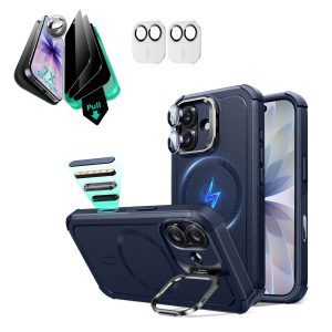 iPhone 17 Bundle Cyber Tough Magnetic Case (Camera Control. Stash Stand) and Armorite Privacy Screen Protector - Navy Blue