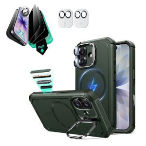 iPhone 17 Bundle Cyber Tough Magnetic Case (Camera Control. Stash Stand) and Armorite Privacy Screen Protector - Olive Green