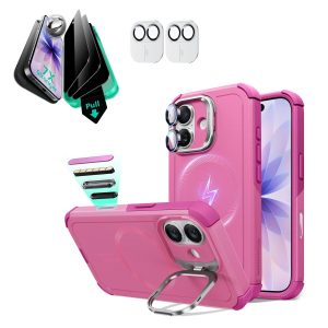 iPhone 17 Bundle Cyber Tough Magnetic Case (Camera Control. Stash Stand) and Armorite Privacy Screen Protector - Rosy Pink