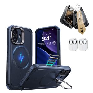 iPhone 17 Bundle Cyber Tough Magnetic Case (Camera Control. Stash Stand) and Armorite Pro Screen Protector - Navy Blue