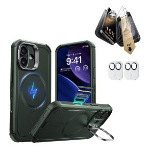 iPhone 17 Bundle Cyber Tough Magnetic Case (Camera Control. Stash Stand) and Armorite Pro Screen Protector - Olive Green