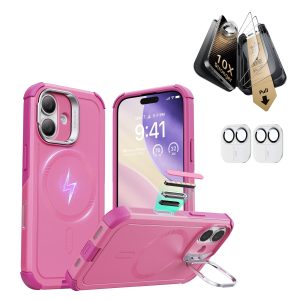 iPhone 17 Bundle Cyber Tough Magnetic Case (Camera Control. Stash Stand) and Armorite Pro Screen Protector - Rosy Pink