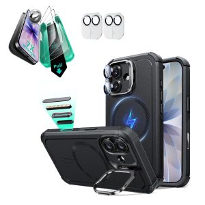 iPhone 17 Bundle Cyber Tough Magnetic Case (Camera Control. Stash Stand) and Armorite Screen Protector - Black