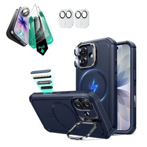 iPhone 17 Bundle Cyber Tough Magnetic Case (Camera Control. Stash Stand) and Armorite Screen Protector - Navy Blue